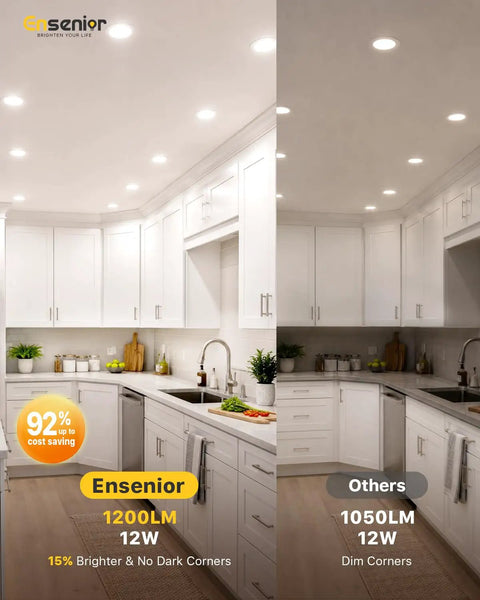 Kitchen with bright Ensenior and dim other Sixteen Pack 6 Inch LED Recessed Downlights Dimmable Easy Install 5 CCT 2700K to 5000K 1050 Lumens 12W.