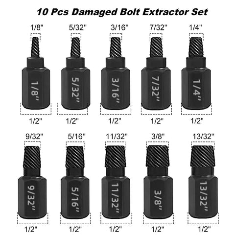 Image of 10 Piece Bolt Extractor Kit Set For Damaged Fasteners featuring various sized heavy duty screw and bolt extractors.