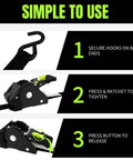 Self Retracting Ratchet Straps 4 Pack Lock It Down Heavy Duty Tie Down Strap For Pickup Truck Cargo Trailer Motorcycle Atv Utv With Killer Grip Robust Breaking Strength Secure Your Haul Tangle Free System Black One Inch By Twelve Feet usage instructions showing secure hooks, tightening, and releasing steps.