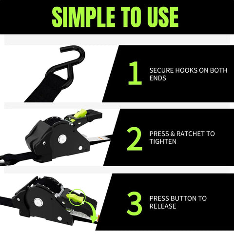 Self Retracting Ratchet Straps 4 Pack Lock It Down Heavy Duty Tie Down Strap For Pickup Truck Cargo Trailer Motorcycle Atv Utv With Killer Grip Robust Breaking Strength Secure Your Haul Tangle Free System Black One Inch By Twelve Feet usage instructions showing secure hooks, tightening, and releasing steps.