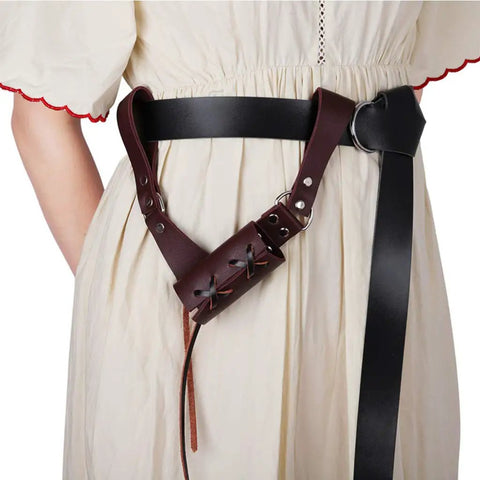 Leather Sword Frog Belt Sheath For Universal Rapier Broadsword And Cutlass Right Handed Brown Adjustable Lacing shown on person