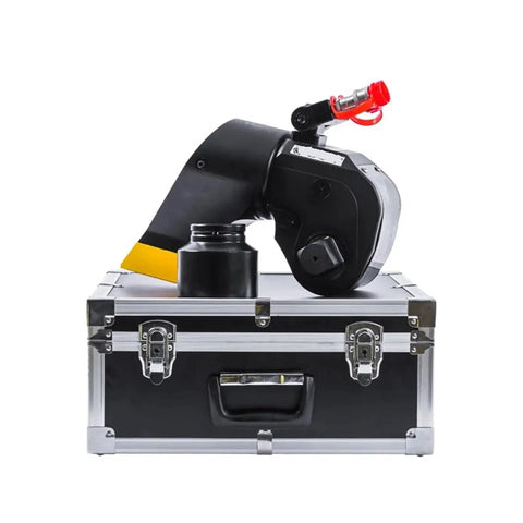 Industrial Grade Smooth Operator Built Like A Tank Rugged Pro Hydraulic Torque Wrench on a sturdy case for easy transport.