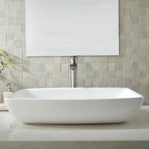 All In One White Ceramic Vessel Sink And Brushed Nickel Faucet Combo For Bathroom Vanity, 24 Inch Round Above Counter Porcelain Lavatory