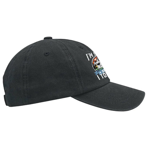 Side view of Im Sexy And I Tow It Vintage Camping RV Hat For Men Adjustable Strap Cap in black with road trip humor design