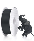 Black spool of Genuine 1.75mm PLA Filament With RFID next to a 3D-printed elephant model, showing smooth, detailed prints.