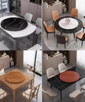 Large Wooden Lazy Susan Plus Heavy Duty Teak Serving Tray With 360 Smooth Glide Kitchen Turntable Featuring Rounded Edges displayed on dining tables.