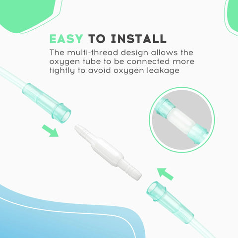 Oxygen tubing swivel connectors, 10-pack; white plastic center connector with teal end fittings.