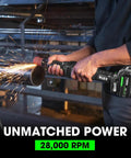 Heavy Duty 24 Volt Brushless Cordless Die Grinder Delivering Knockout 28000 Rpm in action, sparks flying from metal pipe.