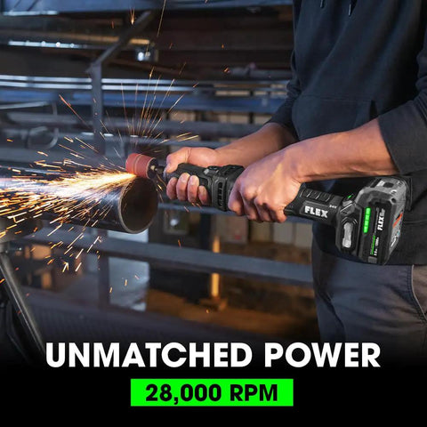 Heavy Duty 24 Volt Brushless Cordless Die Grinder Delivering Knockout 28000 Rpm in action, sparks flying from metal pipe.