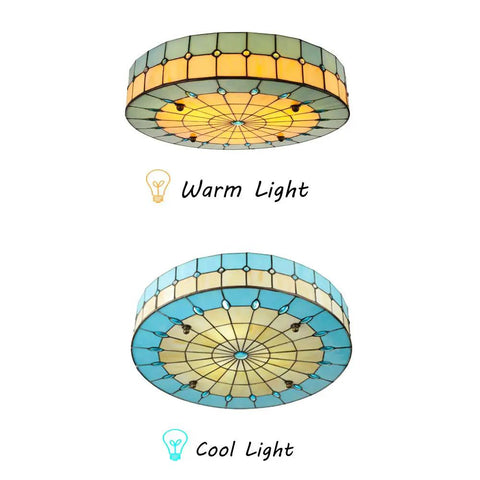 Blue Tiffany Style Mermaid Glass Ceiling Light Dope Vintage Flush Mount Chandelier for Bedroom and Living Room with warm and cool light settings.