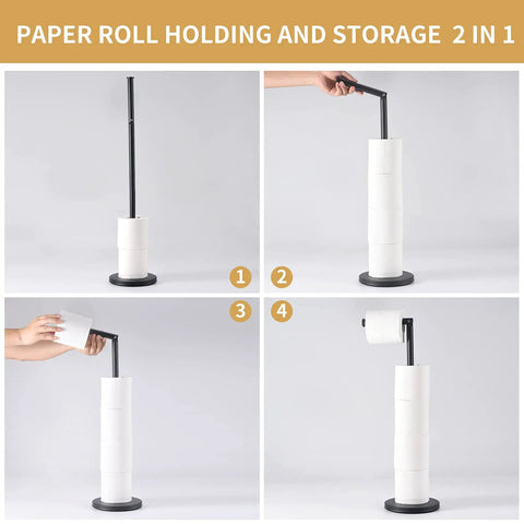 Free Standing Toilet Paper Holder With Storage In Matte Black No Fuss Heavy Base For Stability Anti Slip Floor Pad Rustproof Stainless Steel Construction