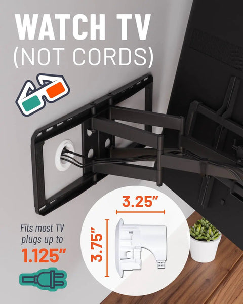 In Wall Cable Management Kit For Power And Low Voltage Cables Hide TV Wires Behind The Wall Includes 3.75 Inch Diameter And 3.25 Inch Depth Modules 6 Foot Extension Cord And Drywall Hole Saw Attachment ETL In Wall Certified Easy DIY Install showing module dimensions on wall mount.