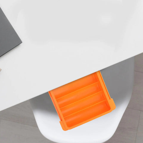 Top view of desk with open orange Desk Storage Drawer Box With Three Tier Compartments For Under Desk Organization