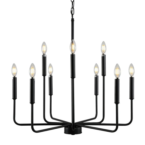Black Farmhouse Chandelier For Dining Room Over Table Nine Light Industrial Metal Candle Lighting Fixture