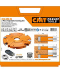 Badass Two Piece Adjustable Grooving Router Set Built With Heavy Duty Aluminum And Four Carbide Knives with specifications on orange background.