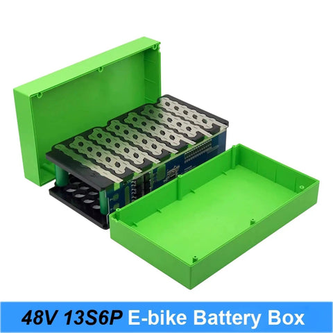 Slam Dunk 48V DIY Battery Case Kit With 30A BMS Guard Nickel Strip Foils Heavy Duty Mounts And Weatherproof Cover showing opened green battery box.