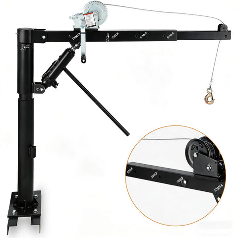 Garvee 1000 lb pickup truck crane with hydraulic hoist, manual winch, 4-position adjustable black boom, 360° swivel