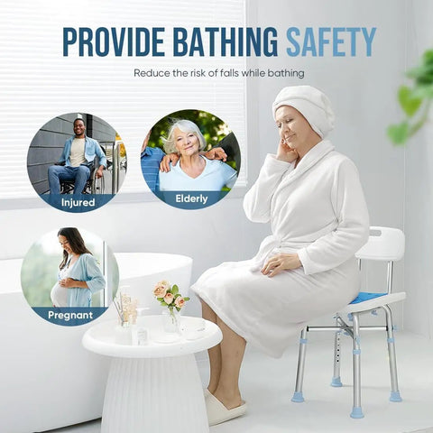Heavy Duty Shower Chair With Back Support, 500 Lb Capacity, EVA Padded Bath Seat in use by elderly woman for shower safety