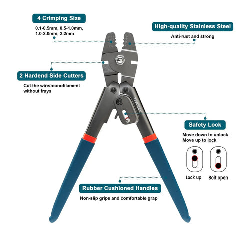 Premium Wire Rope Crimp Tool Kit With Built In Cutter for DIYers showing crimping plier with rubber handles and safety lock