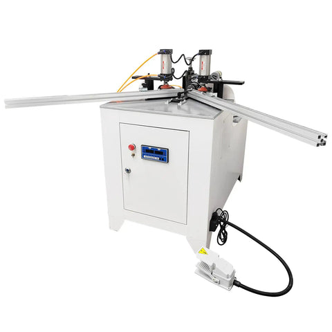 Pro Shop Grade 45 Degree Corner Cutting And Punching Machine With Dual Spindles And 8 Inch Alloy Saw Blade For Smooth Wood And Aluminum Fab Works Dead On Accuracy Drilling Up To 40 Mm Thick, featuring dual arms and control panel.