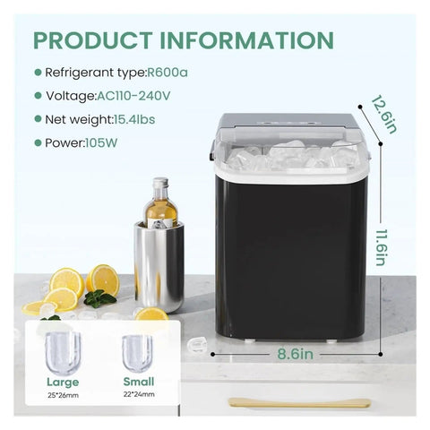 Portable Ice Maker Makes 26.5 Pounds Of Fresh Bullet Ice Daily With Zero Effort Self Cleaning Mode Compact Footprint on a countertop.