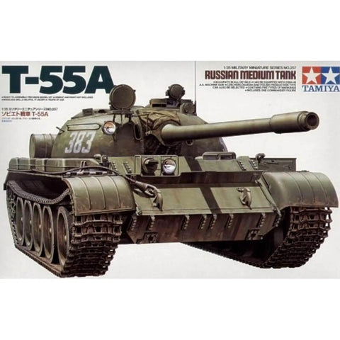 One Thirty Five Scale Soviet Tank T-55A Plastic Model Kit box art showing detailed assembly and tank features
