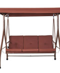 Front view of brown Three Seat Outdoor Patio Swing Chair with Adjustable Canopy and Removable Thick Cushion, alloy steel frame.