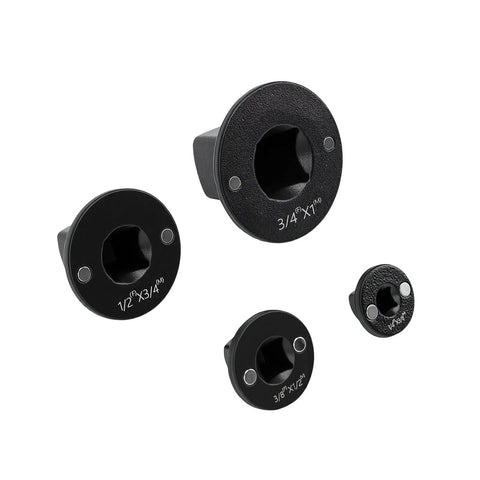 Ultra Compact 4 Piece Low Profile Socket Adapter Set For Auto Repair And DIY Tunes, black metal adapters on white background