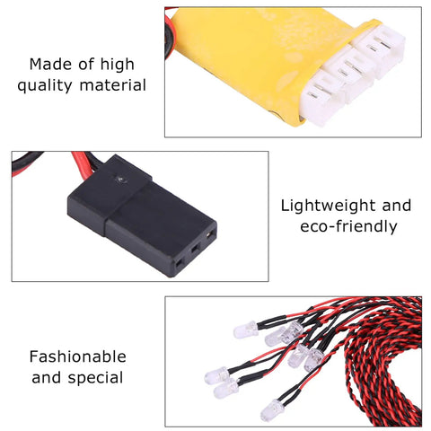 8 Piece RC LED Light Kit For Airplanes And Helicopters With 23 6 Inch Cable, connectors, and LED bulbs visible