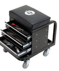 Mechanic Rolling Stool With Padded Seat And Three Drawer Tool Box For Garage Use With Pro Grade Ball Bearing Sliders