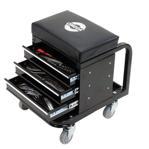 Mechanic Rolling Stool With Padded Seat And Three Drawer Tool Box For Garage Use With Pro Grade Ball Bearing Sliders