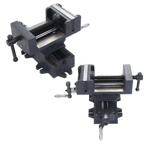 Heavy Duty 4 Inch Cross Slide Drill Press Vise Made From Industrial Grade Cast Steel With Precision 100 Mm Jaw Opening, adjustable grip shown.