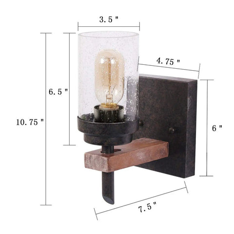 Rustic Wall Light Sconce With Seeded Glass Shade And Vintage Edison Bulb Look, Metal And Wood Wall Lamp Fixture For Entryway