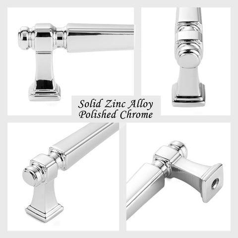 Close-up of 10 Pack 5 Inch Hole Centers Polished Chrome Cabinet Pulls with 1 Inch and 1 1/2 Inch Screws Solid Metal Rust Resistant Hardware