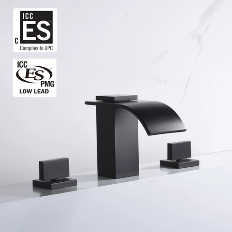 Matte Black Waterfall Tub Faucet Deck Mount Widespread Three Hole Bath Filler With Valve Solid Brass Valves High Flow