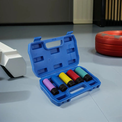 Heavy Duty Non Marring Impact Wheel Nut Socket Set With Color Coded Protective Sleeves For Fast Thin Wall Deep Lug Nut Removal Tools And Extended 5 pcs Wrench Kit Perfect For American Car And Truck Automotive Repair Jobs in blue case