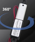 Solid 12V Electric Linear Actuator With Telescopic Aluminum Body And Built In Limit Switches For Auto Stopping Smooth Stroke On Compact Doors And Light Duty Gear That Works Like A Charm Right Out The Box Today with red wires and label indicating specifications.