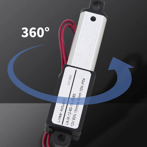Solid 12V Electric Linear Actuator With Telescopic Aluminum Body And Built In Limit Switches For Auto Stopping Smooth Stroke On Compact Doors And Light Duty Gear That Works Like A Charm Right Out The Box Today with red wires and label indicating specifications.