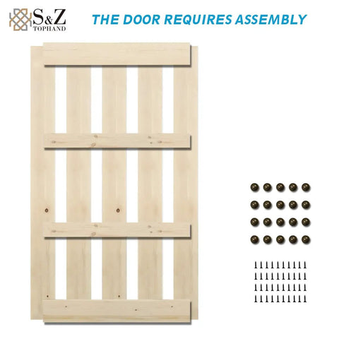 Unfinished Spruce Barn Door 42 X 84 Inches With Heavy Duty Sliding Hardware Kit Knotty Design, assembly parts included.
