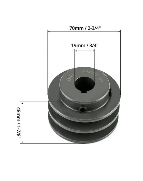 Two Groove V Belt Pulley With Two Point Seven Five Inch Outer Diameter And Three Quarters Inch Bore For V Belts A, 3L And 4L, Fixed Bore Cast Iron Construction Built Tough For Small Machinery And DIY Projects, showing dimensions.