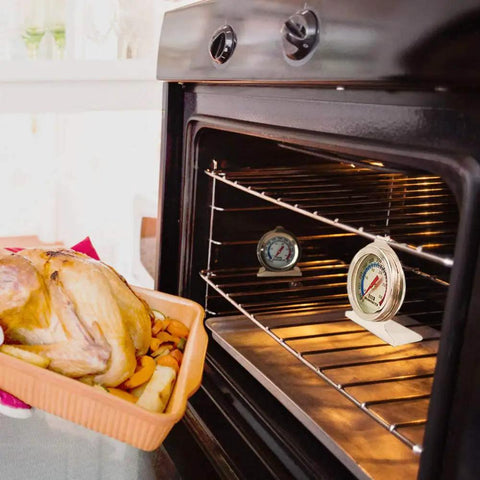 Large Dial Oven Thermometer Pack Of 2 With Dual Scale 50 To 300 C And 100 To 600 F in oven with roasting chicken