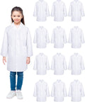 Child in front of 12 Pack Unisex Kids Lab Coats White Doctor Scrubs Size M Bulk Soft Kids Scientist Costume For Boys And Girls Perfect For School Play And Halloween Party Supplies