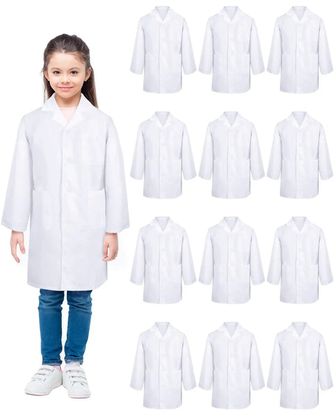 Child in front of 12 Pack Unisex Kids Lab Coats White Doctor Scrubs Size M Bulk Soft Kids Scientist Costume For Boys And Girls Perfect For School Play And Halloween Party Supplies