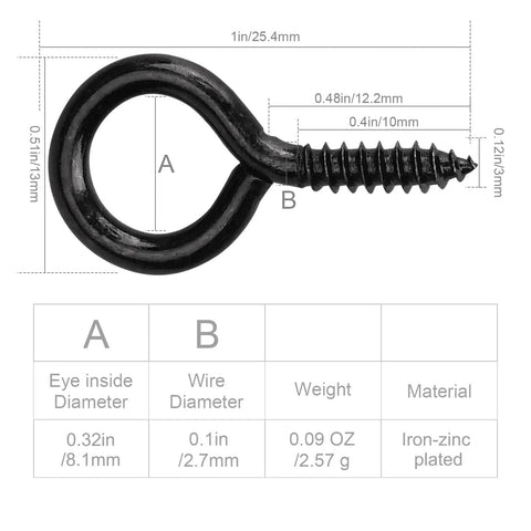 Heavy Duty Black Screw Eyes One Inch Iron Loop Hooks For Diy Crafts And Photo Display Real Deal Hanging Hardware detailed dimensions and features.