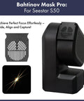 Pro Bahtinov Focusing Mask Kit with front holder for ZWO Seestar 50 telescope, showing removable mask and diffraction spike effect.