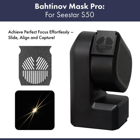 Pro Bahtinov Focusing Mask Kit with front holder for ZWO Seestar 50 telescope, showing removable mask and diffraction spike effect.