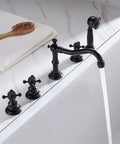 Five Hole Roman Tub Faucet With Hand Shower And Triple Cross Handles In Antique Black For Classic Bathroom Style, water flowing