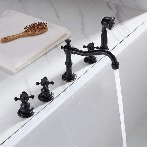 Five Hole Roman Tub Faucet With Hand Shower And Triple Cross Handles In Antique Black For Classic Bathroom Style, water flowing