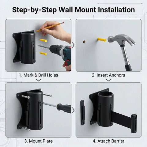 Wall Mounted Retractable Belt Barrier Two Pack For Crowd Control installation steps with tools and mounting illustration