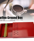 Premium Red Coffee Knock Box For Espresso Grounds With Cushioned Rubber Rod And Antislip Base, shown with detachable tray.